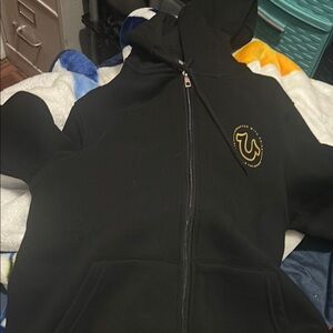 True Religion Black Zip-Up Hoodie with Yellow Logo